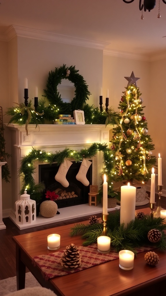 A Christmas living room decor with garland, lights, and a festive table centerpiece.